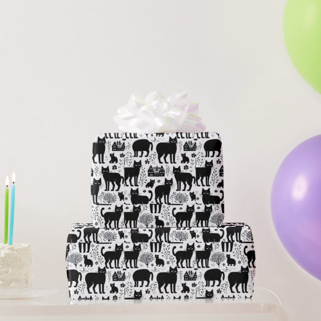 Black cat botanical house white pattern wrapping paper (Party Gifts)