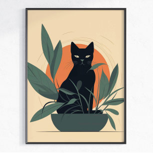 Black Cat Botanical Minimal Plant Lover Poster