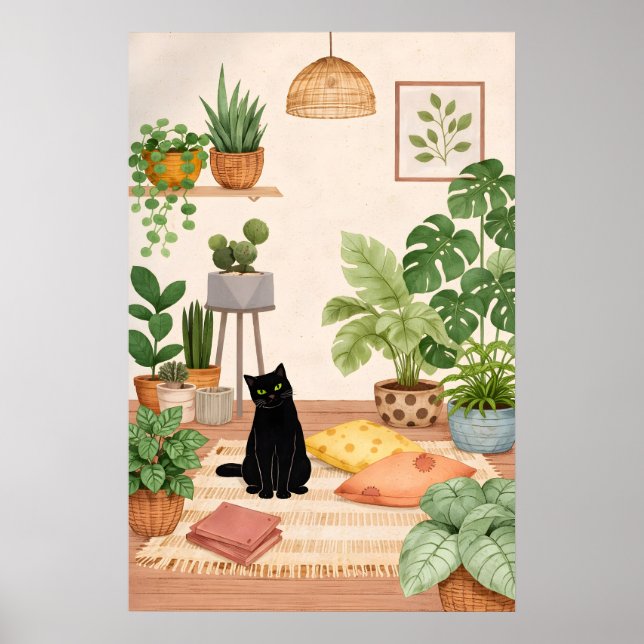 Black Cat Botanical Print, Cozy Boho Plant Wall Poster (Front)