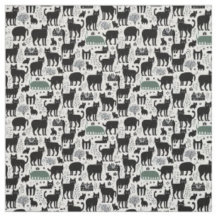 Black cat botanical white pattern modern boho  fabric
