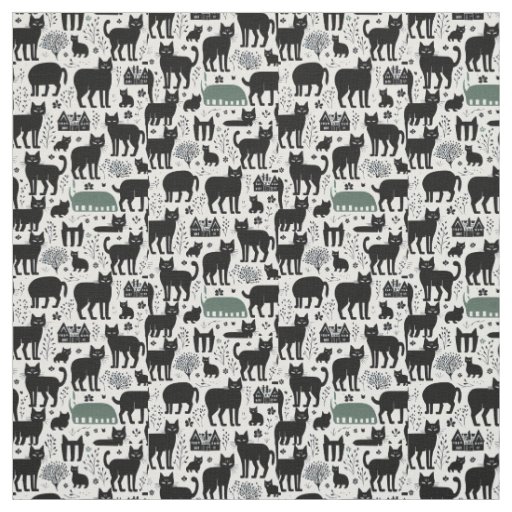 Black cat botanical white pattern modern boho  fabric