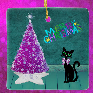  Black Cat Bow by Pink Tree Teal Merry Christmas Ceramic Ornament