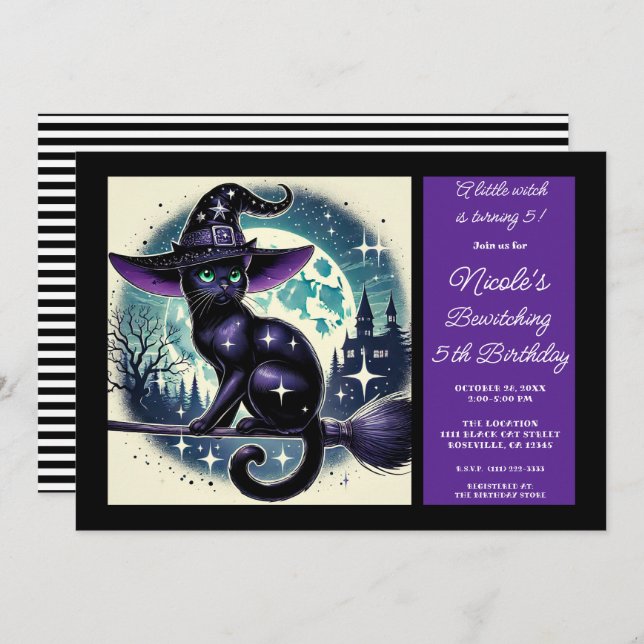 Black Cat Broom Witch Magic Halloween Birthday Invitation (Front/Back)