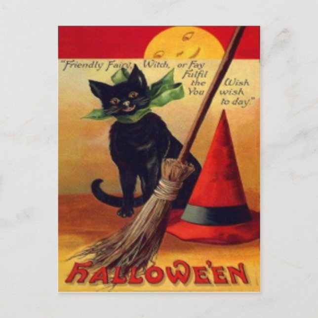 Black Cat Broom Witch's Hat Full Moon Postcard (Front)