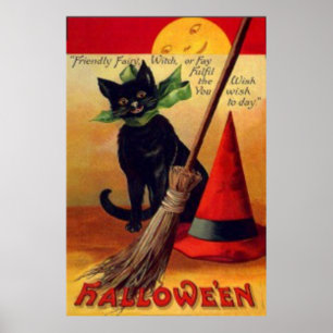 Black Cat Broom Witch's Hat Full Moon Poster