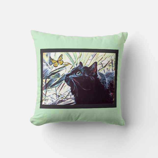 Black Cat & Butterfly (on mint background) Throw Pillow (Front)