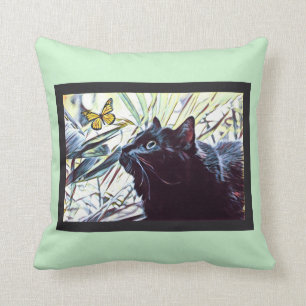 Black Cat & Butterfly (on mint background) Throw Pillow