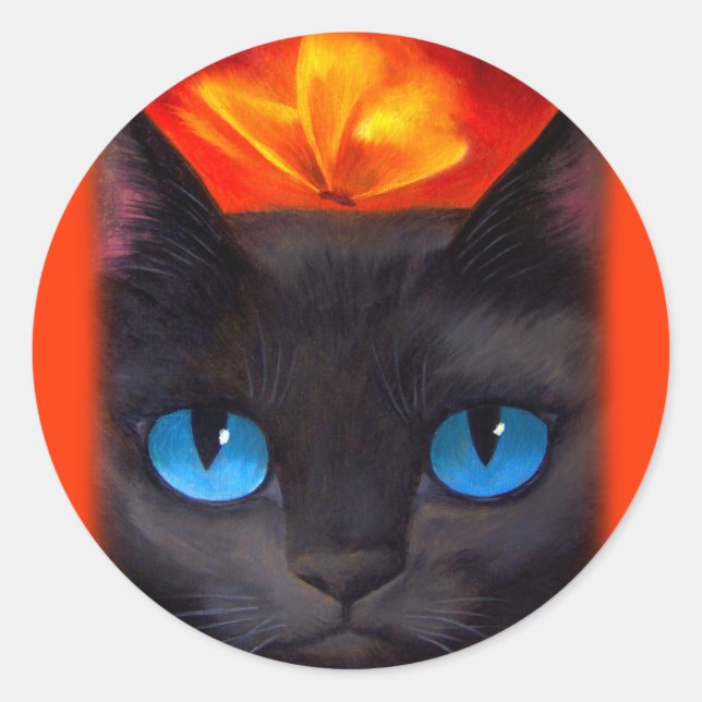 Black Cat Butterfly Painting Art - Multi Classic Round Sticker (Front)