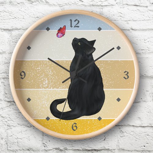 Black Cat Butterfly Retro Sunset Clock