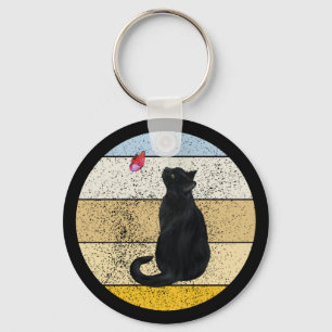 Black Cat Butterfly Retro Sunset Keychain