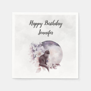 Black Cat by a Magical Full Moon Birthday Napkins