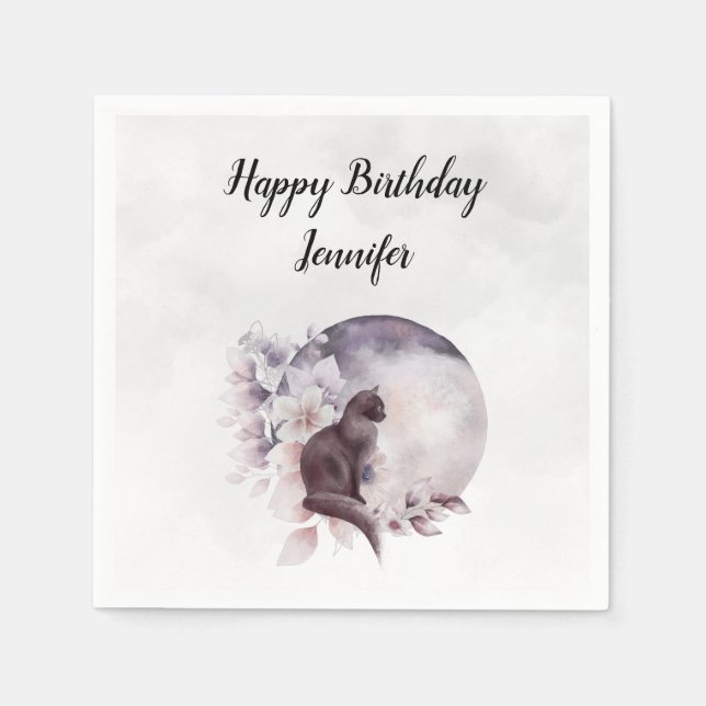 Black Cat by a Magical Full Moon Birthday Napkins (Front)