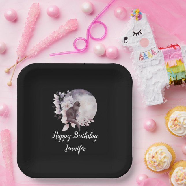 Black Cat by a Magical Full Moon Birthday Paper Plates (Party)