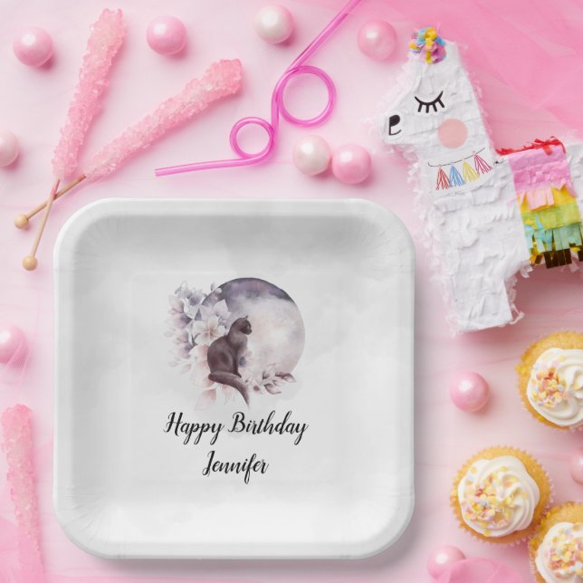 Black Cat by a Magical Full Moon Birthday Paper Plates (Party)