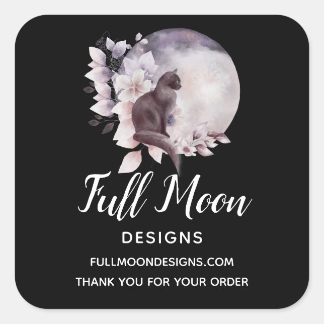 Black Cat by a Magical Full Moon Business Square Sticker (Front)