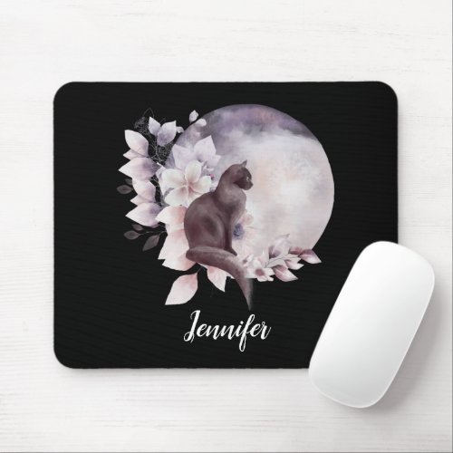 Black Cat by a Magical Full Moon Mouse Pad