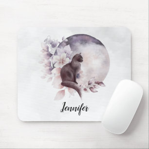 Black Cat by a Magical Full Moon Mouse Pad