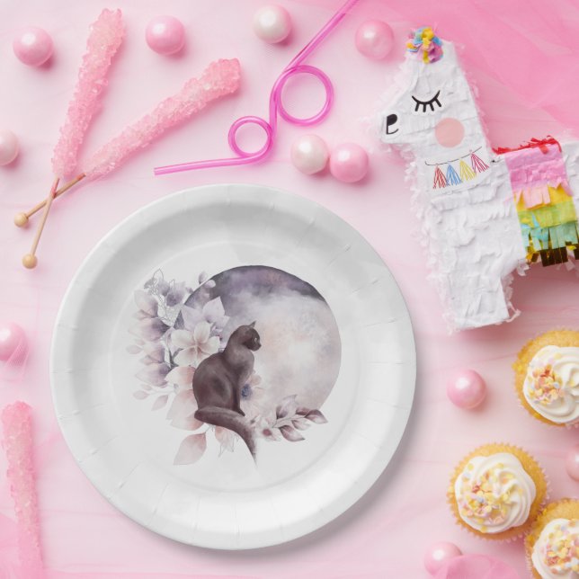 Black Cat by a Magical Full Moon  Paper Plates (Party)
