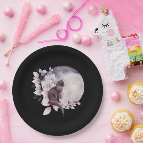 Black Cat by a Magical Full Moon Paper Plates