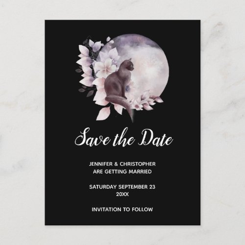 Black Cat by a Magical Full Moon Save the Date Invitation Postcard