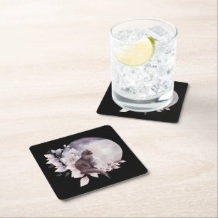 Black Cat by a Magical Full Moon Square Paper Coaster