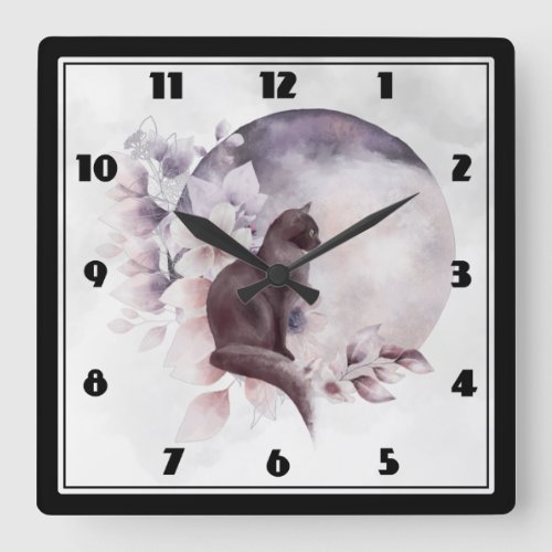 Black Cat by a Magical Full Moon Square Wall Clock