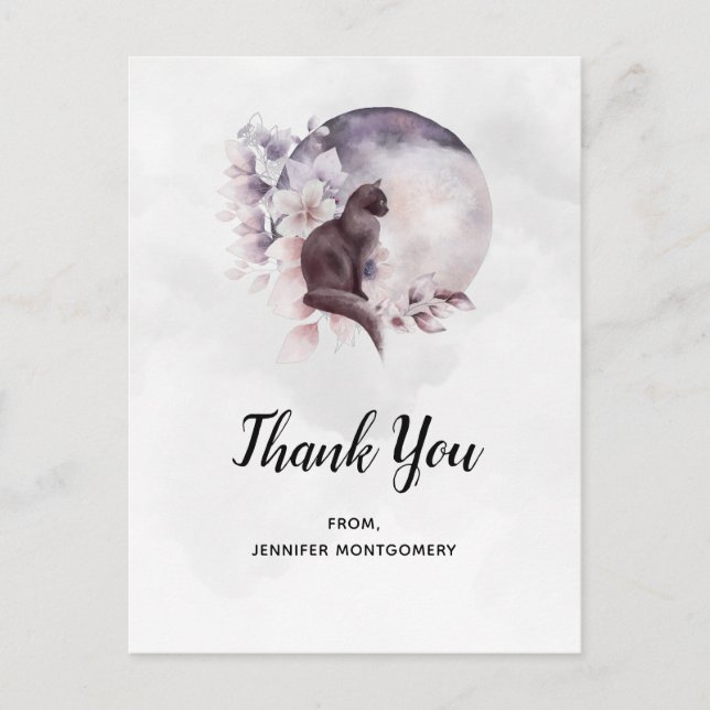 Black Cat by a Magical Full Moon Thank You Postcard (Front)