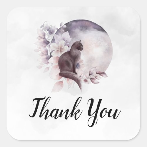 Black Cat by a Magical Full Moon Thank You Square Sticker