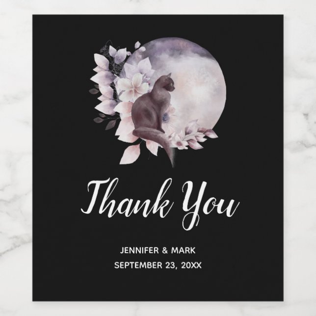 Black Cat by a Magical Full Moon Wedding Wine Label (Single Label)