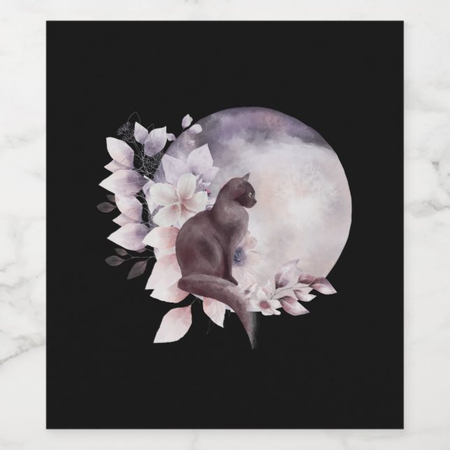 Black Cat by a Magical Full Moon Wine Label (Single Label)