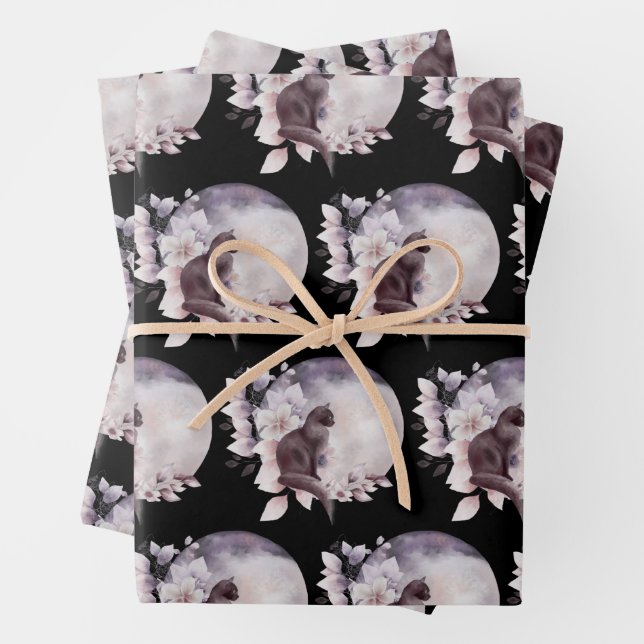 Black Cat by a Magical Full Moon Wrapping Paper Sheets (In situ)