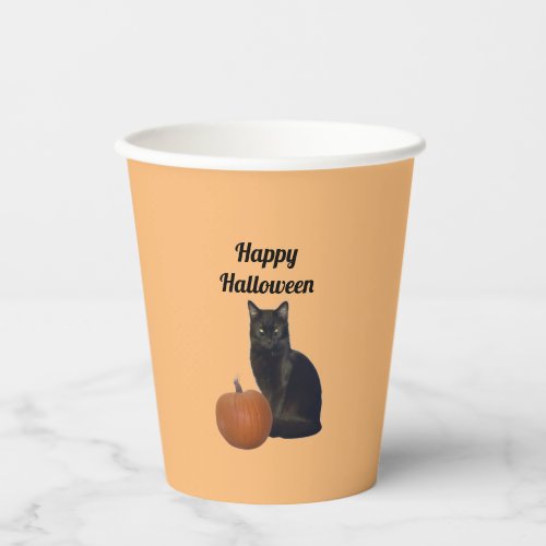  Black Cat by a Pumpkin Happy Halloween Orange  Paper Cups