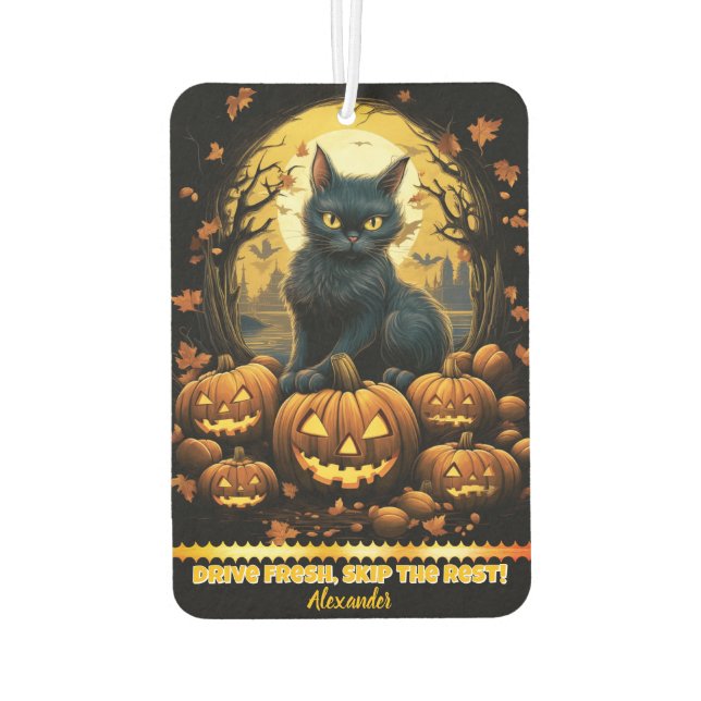 Black cat by jack-o'-lanterns at night air freshener (Back)
