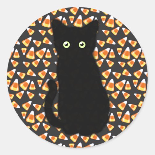 Black cat Candy corn pattern Halloween fun   Classic Round Sticker