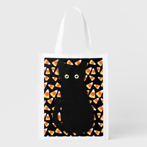 Black cat Candy corn pattern Halloween fun    Grocery Bag