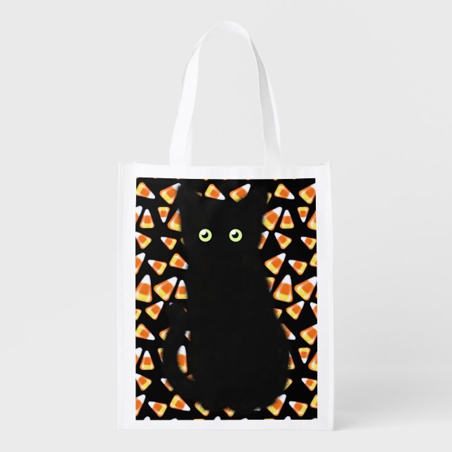 Black cat, Candy corn pattern, Halloween fun    Grocery Bag (Front)