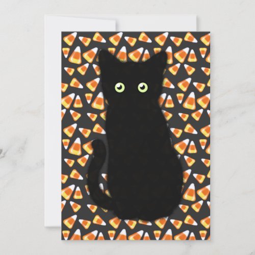 Black cat Candy corn pattern Halloween fun   Invitation
