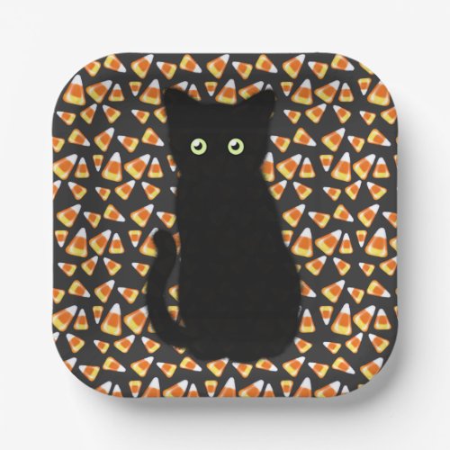 Black cat Candy corn pattern Halloween fun    Paper Plates