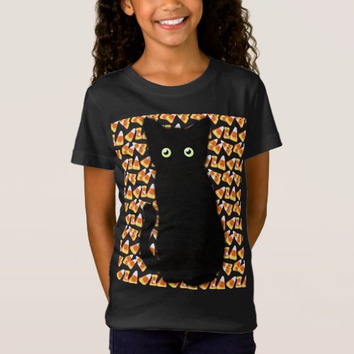 Black cat Candy corn pattern Halloween fun T_Shirt
