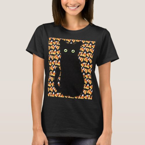 Black cat Candy corn pattern Halloween fun  T_Shirt