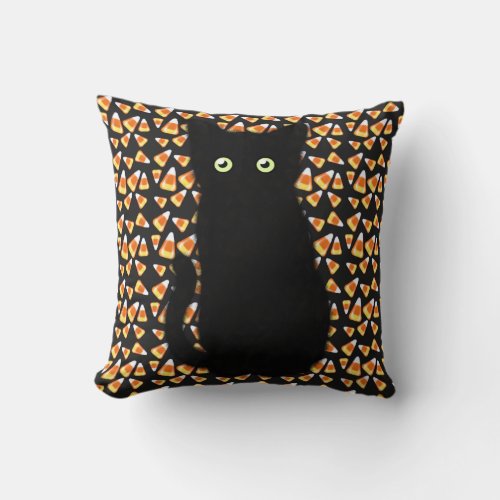 Black cat Candy corn pattern Halloween fun  Throw Pillow