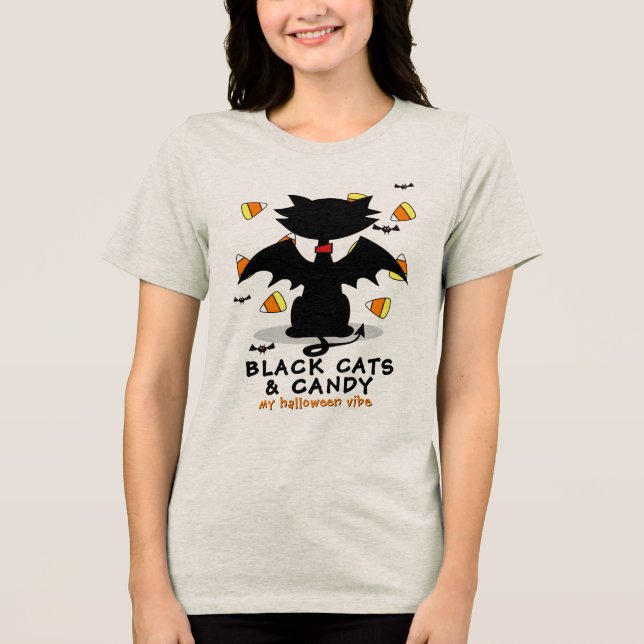 Black Cat & Candy Halloween Vibe Tri-Blend T Shirt (Front)
