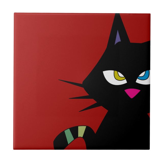Black Cat Cartoon on Red Ceramic Tile (Front)