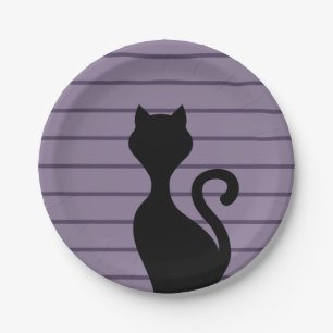 Black cat cartoon silhouette purple stripes paper plates