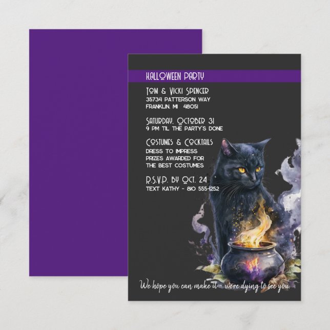 Black Cat Cauldron Halloween Costume Party Invitation (Front/Back)