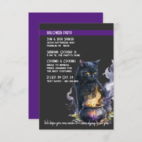 Black Cat Cauldron Halloween Costume Party Invitation