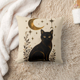 Black Cat Celestial Moon Gothic Botanical Throw Pillow