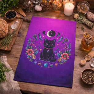 Black Cat Celestial Mystical Purple Pink Kitchen Towel