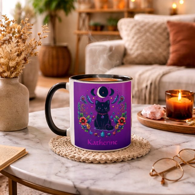 Black Cat Celestial Mystical Purple Pink Mug (Creator Uploaded)