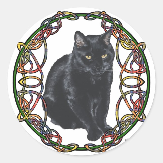 Black Cat Celtic Knotwork Classic Round Sticker (Front)